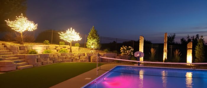 Landscaping next to a pool with LED light features and lit stone sculptures from Outdoor Innovations.