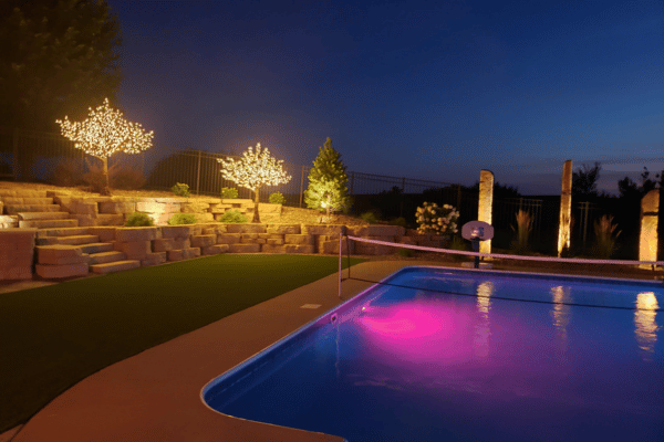 LED trees, next to a beautifully lit pool, also featuring artificial turf poolside, and custom stone features lit with LED outdoor lighting.