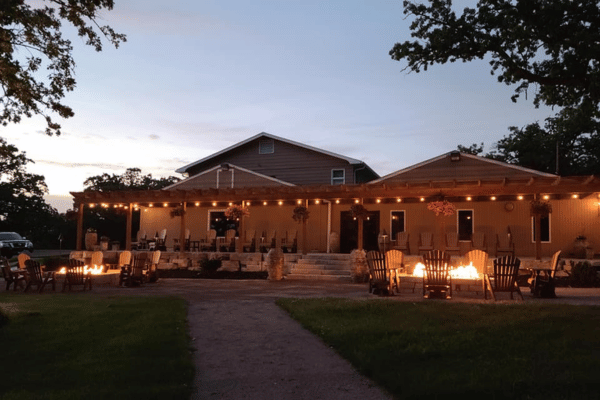 Porch lighting illuminates the deck of the Old Oak Winery.