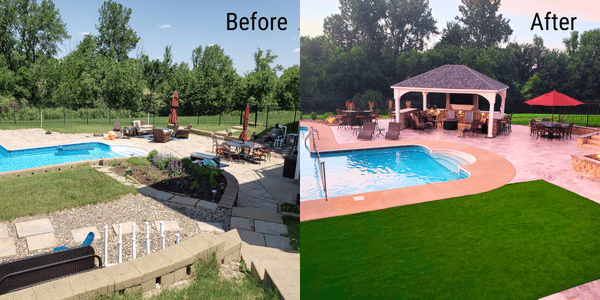 This image shows a before and after of this poolscaping project.