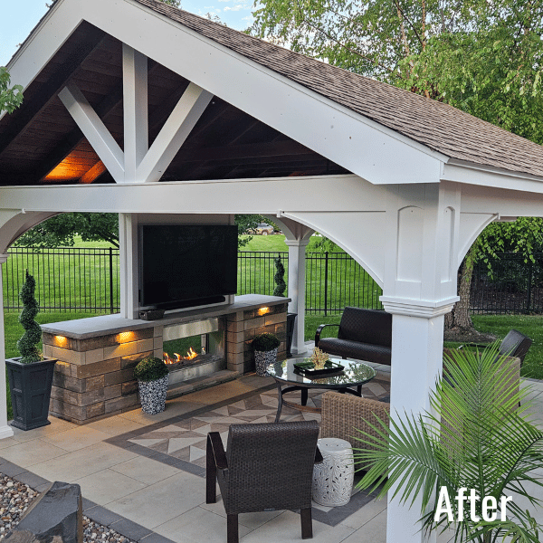 This image shows the 16' x 18' White vinyl A-Frame Pavilion Country Lane with upgraded post.
