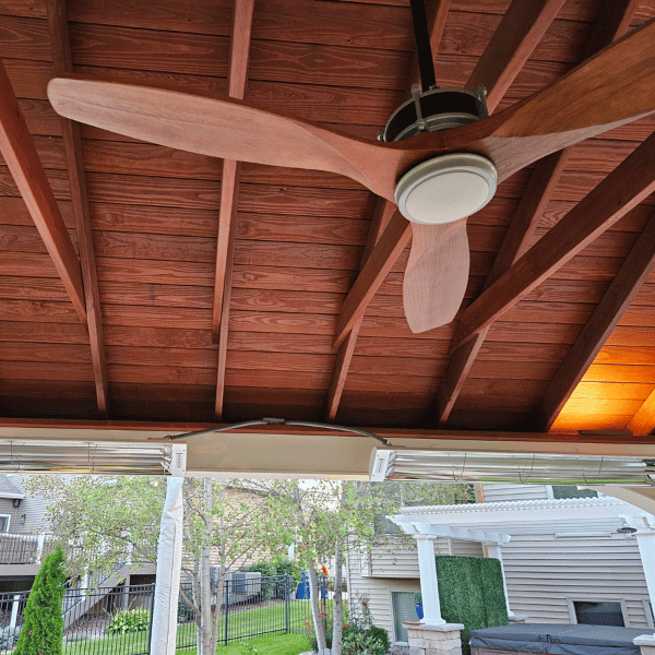 This image provides a good example of pavilions with heaters, and this pavilion also has a ceiling fan. 